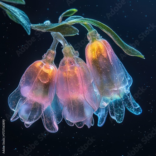 Ethereal, translucent flower cluster against dark backdrop