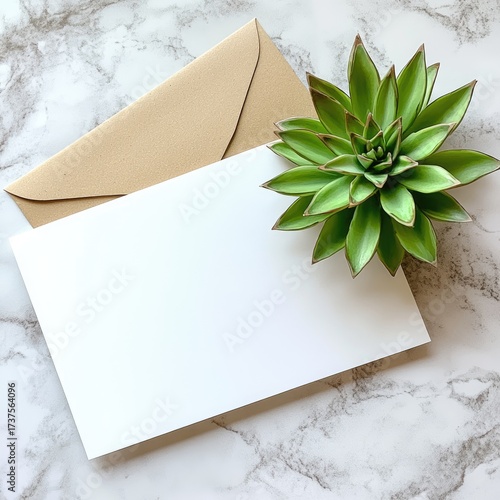 Blank card, kraft envelope, & succulent on marble background