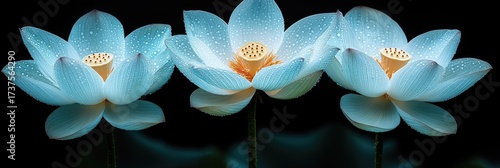 Three light-blue water lilies with water drops on black