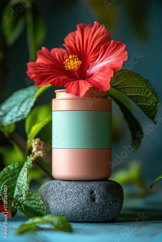 Red hibiscus bloom atop container balanced on a stone