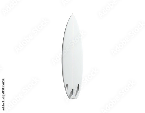 A streamlined white surfboard, showcasing four fins, centered against a stark black backdrop