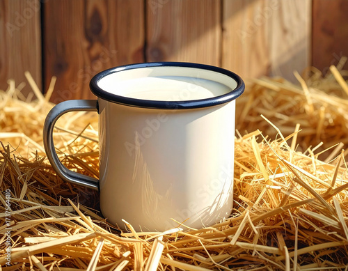 Fresh milk in enamel mug, hay background, country rustic style 