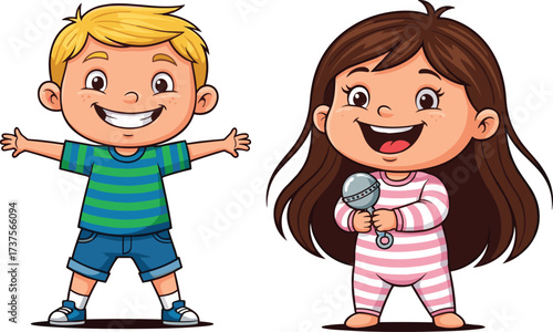 Cartoon children illustration, happy boy in striped shirt, smiling girl with microphone, kids performance, childhood fun, singing, friendship, playful characters