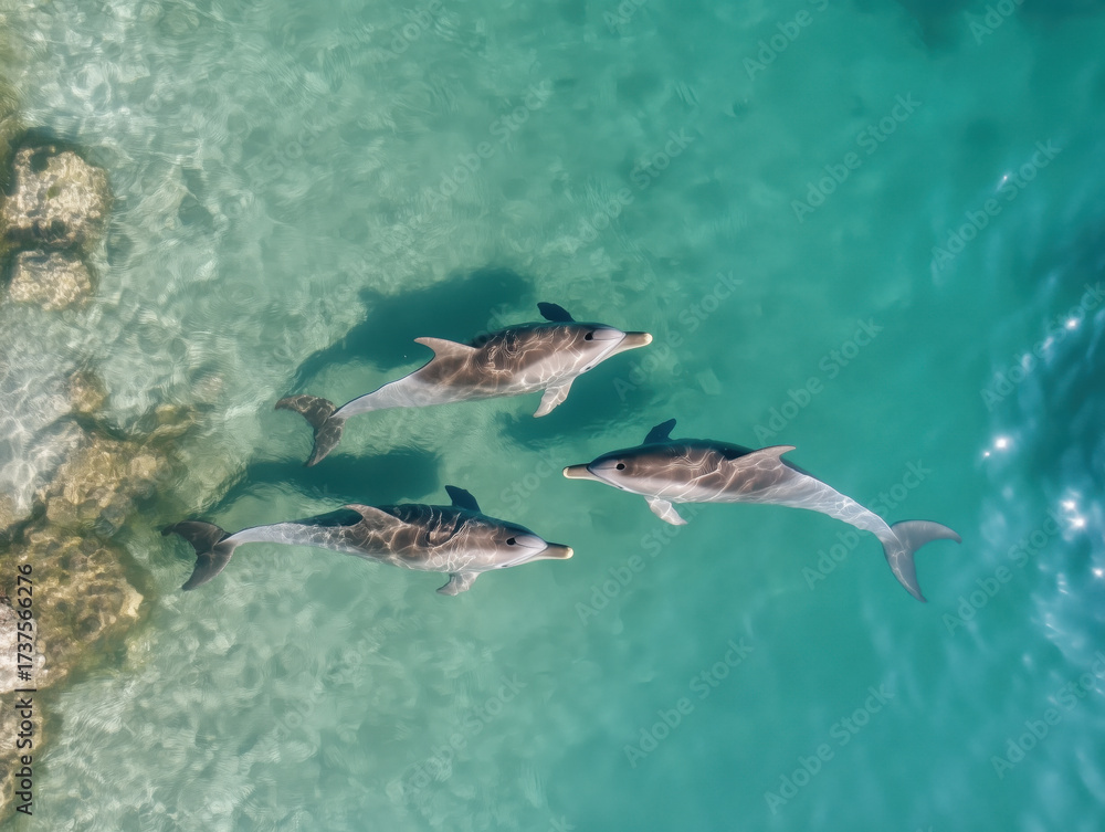 Obraz premium Tranquil marine sanctuary where dolphins swim freely in clear turquoise waters, showcasing their playful nature and grace. serene environment invites relaxation and admiration