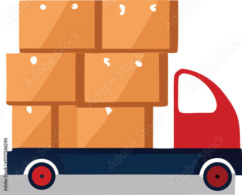 Red delivery truck loaded with stacked cardboard moving boxes for transporting goods and freight logistics