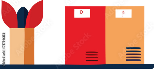 Stylized red and orange cardboard boxes with a tulip arrangement on a shelf ready for delivery or storage