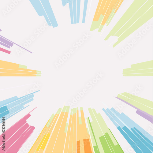 Abstract background with colorful pastel rectangles radiating from a central white space, creating a dynamic and energetic visual effect.