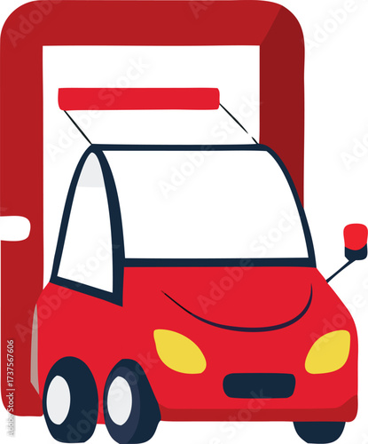 Cheerful red toy car drives through open garage door symbolizing fun adventures and playtime activities for children