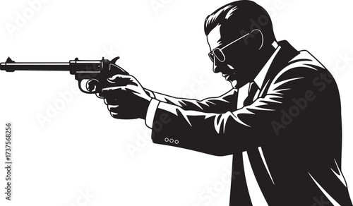 Man in suit aiming a revolver gun vector