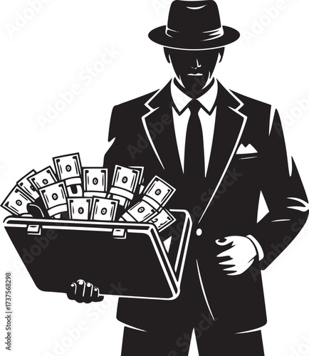Man in suit and fedora holding open briefcase full of money