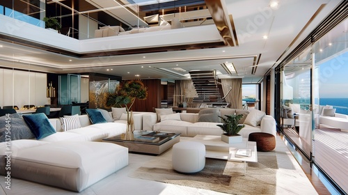 High-end and grand interior space with luxurious chandeliers, polished marble floors, and elegant velvet sofas, decorated with golden accents and tall floor-to-ceiling windows that let in soft natural
