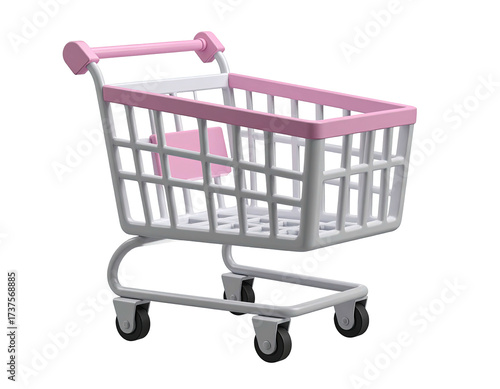 3D render of an empty, pastel pink and white shopping cart on black background