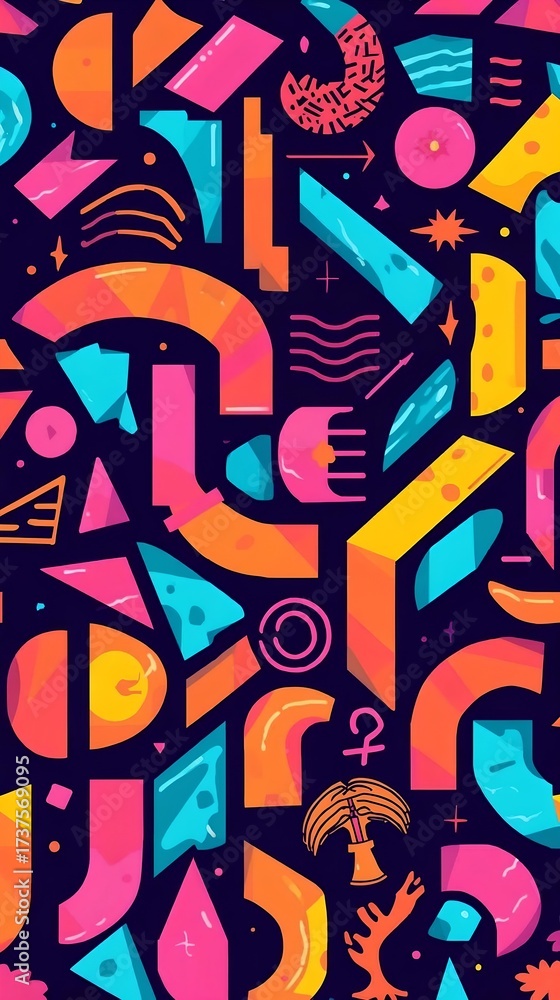 Fototapeta premium Vibrant abstract geometric shapes in pink yellow orange and blue against a dark navy background