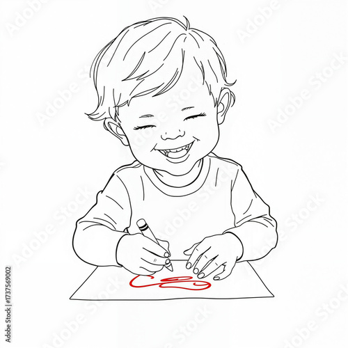 Young child happily drawing with crayon on white paper  