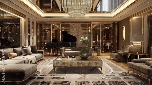 High-end and grand interior space with luxurious chandeliers, polished marble floors, and elegant velvet sofas, decorated with golden accents and tall floor-to-ceiling windows that let in soft natural