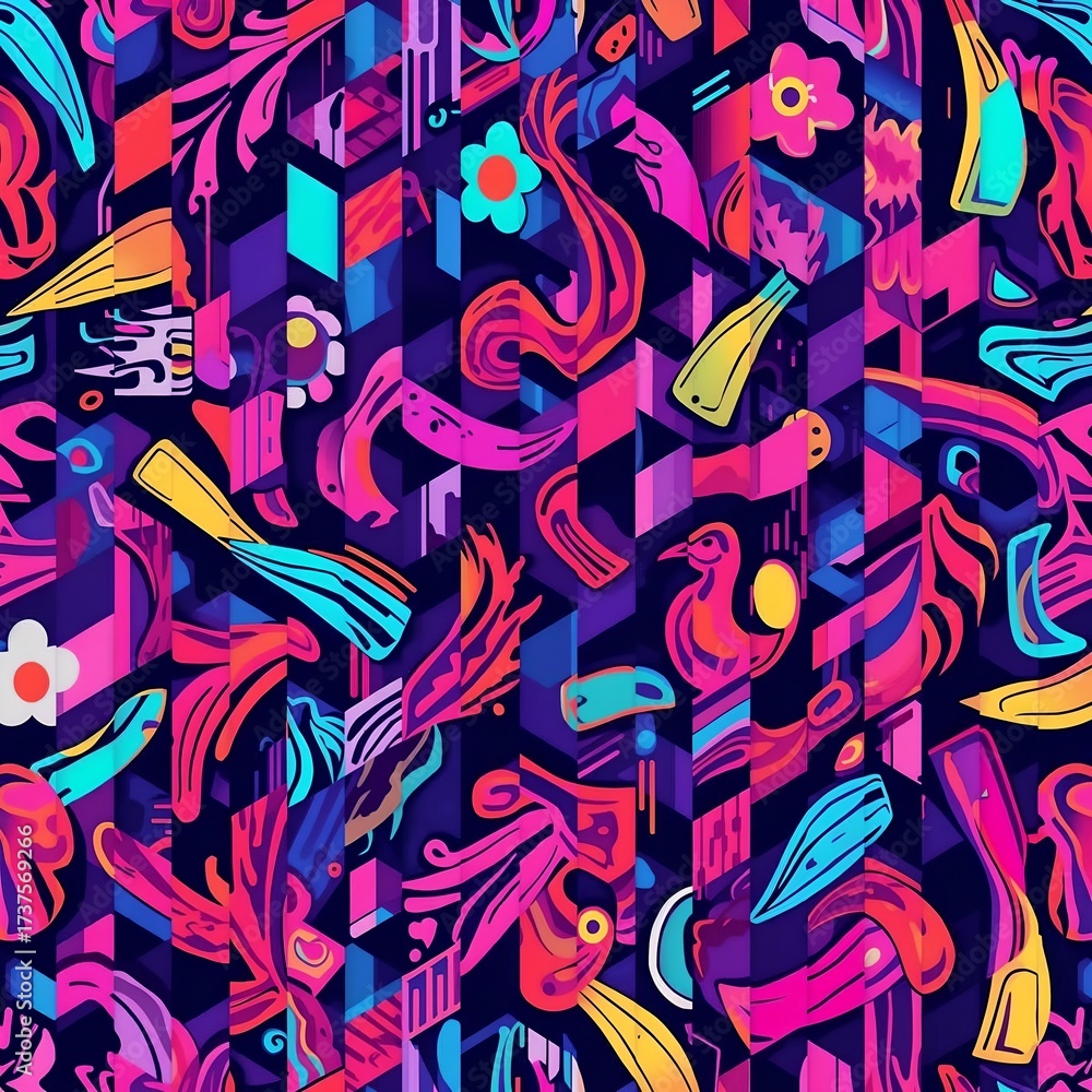 Obraz premium Abstract background featuring geometric shapes flowers and a bird in bright colors seamless pattern