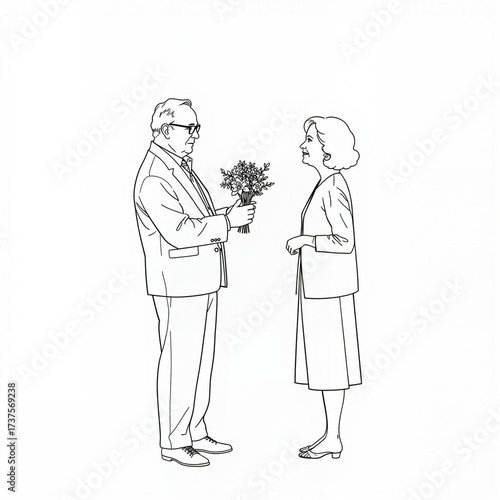 Elderly man presenting bouquet of flowers to woman indoors  
