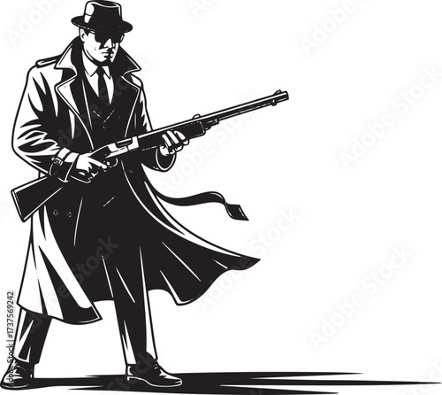 Man in trench coat and fedora holding shotgun vintage 1