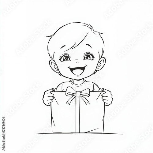 Happy child smiling while holding a gift box with a ribbon  