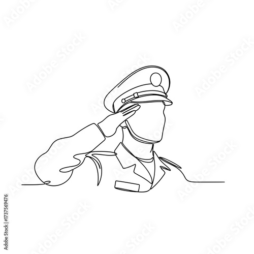 Soldier saluting in uniform in minimalist one-line drawing style