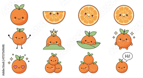 Cute Handdrawn Kawaii Style Orange Character Set Illustration for Print and Design