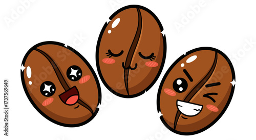 Cartoon Style Playful Coffee Bean Character with Different Cute Expressions