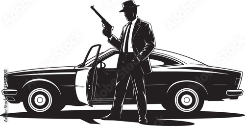 Silhouette man in fedora and suit holding gun by vintage car