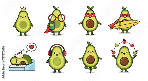 Adorable Cartoon Avocado Character Set with Different Professions and Activities