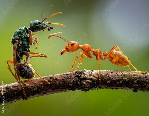 Ants on a Branch, Close-up Macro Photography.