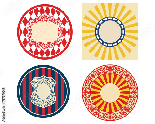 A versatile collection of four vintage circular badges and decorative labels featuring ornate frames and retro sunburst patterns vektor set
