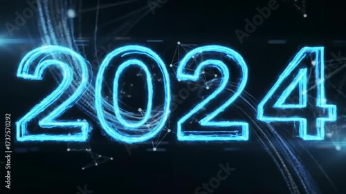 Vibrant electric blue '2024' neon numbers emerge from swirling light, brightly illuminating against a dark, abstract digital void with quantum particles. Tron-style innovation