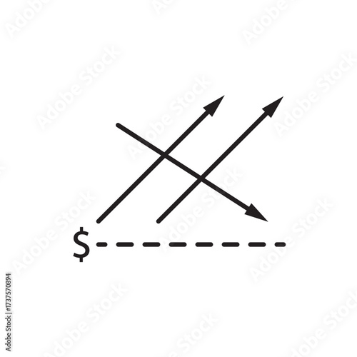 Editable stroke line icon of crossed arrows with a dashed line and dollar sign, symbolizing financial decisions, market divergence, or investment choices. Ideal for apps, websites, and infographics.