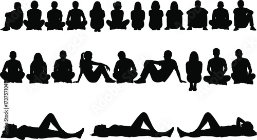Silhouette people sitting and lying down, group of men and women poses, black vector illustration, human outline collection for design and background
