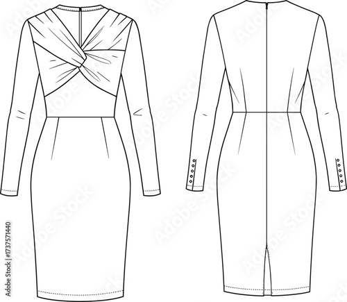 Women's fitted dress technical sketch, front and back view, long sleeve, bust detail, fashion flat, CAD drawing, vector illustration, garment design