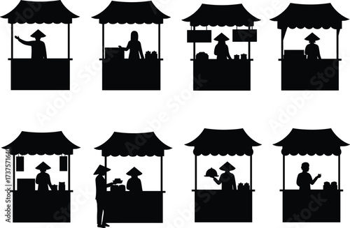 Street market stall silhouette, vendor booth illustration, food stand vector, traditional bazaar design, local shop silhouette, outdoor marketplace concept, flat isolated set