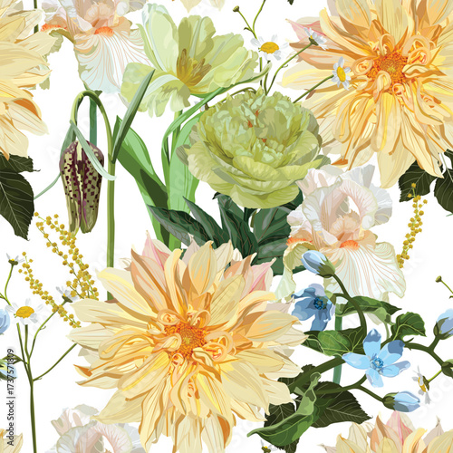 Seamless Pattern. Garden beige and yellow flowers. Magical tulips, dahlia, iris flowers. Realistic vector image. Print for all types of surfaces. Trendy print.