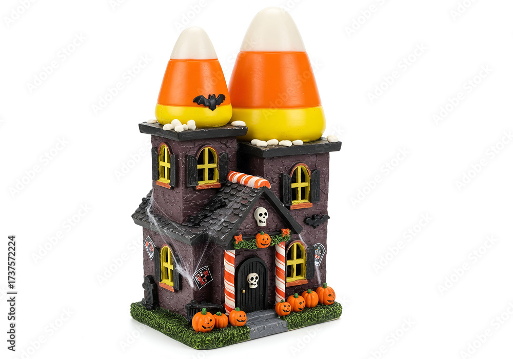 Fototapeta premium Whimsical Halloween Candy Corn House Decoration with Spooky Details and Festive Pumpkins on a White Background