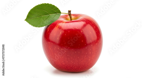 A single, ripe, red apple with a green leaf, isolated on a white background