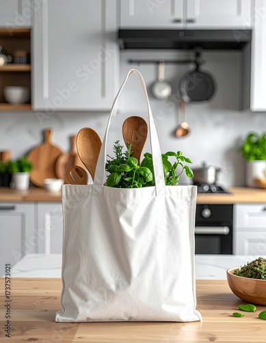 White tote bag with herbs & utensils