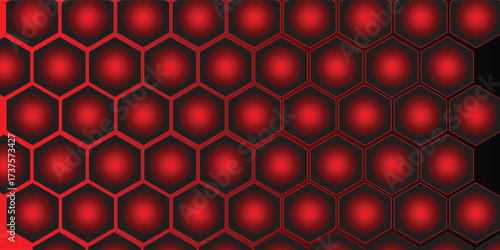 Abstract dark hexagon pattern on red neon background technology style. Modern futuristic honeycomb concept. You can use for cover template, print ad. Vector illustration