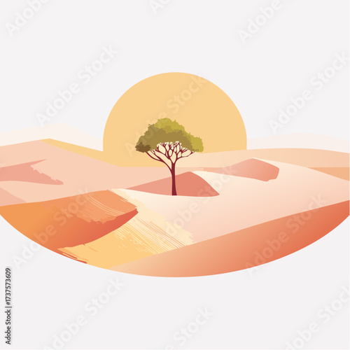 desert scene with a lone tree growing in the middle of a vast, dry landscape