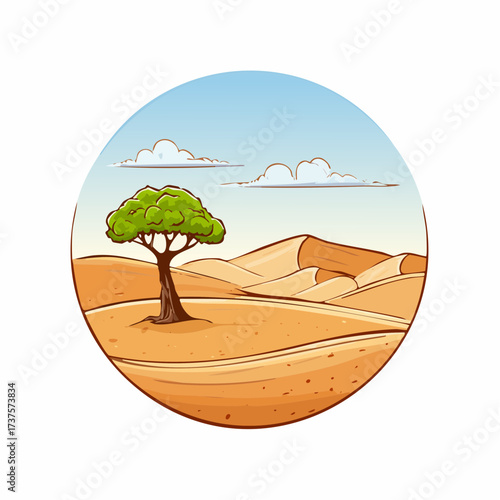 desert scene with a lone tree growing in the middle of a vast, dry landscape