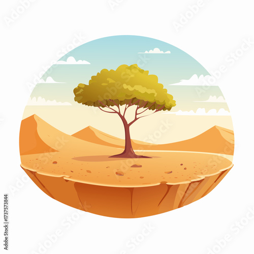 desert scene with a lone tree growing in the middle of a vast, dry landscape