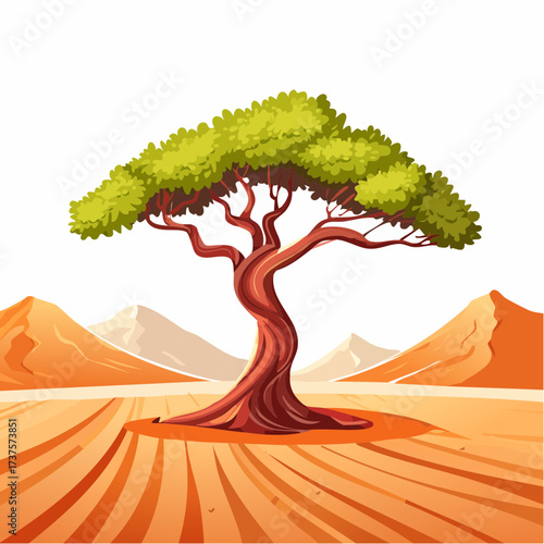 desert scene with a lone tree growing in the middle of a vast, dry landscape