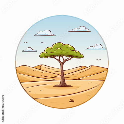 desert scene with a lone tree growing in the middle of a vast, dry landscape