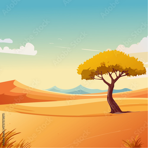 desert scene with a lone tree growing in the middle of a vast, dry landscape