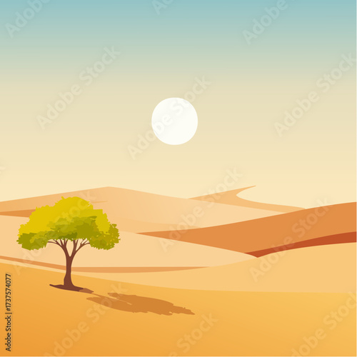 desert scene with a lone tree growing in the middle of a vast, dry landscape