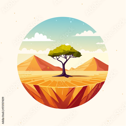 desert scene with a lone tree growing in the middle of a vast, dry landscape