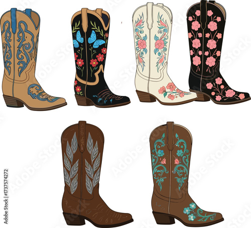 Western cowboy boots collection, colorful floral embroidered design, vintage country footwear illustration, rodeo fashion style, rustic decorative leather shoes set