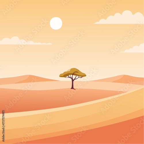 desert scene with a lone tree growing in the middle of a vast, dry landscape
